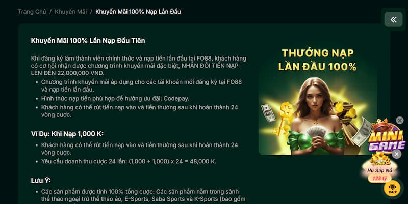 Khuyến mãi 1 FO88 ưu đãi 100% giá trị thẻ nạp đầu