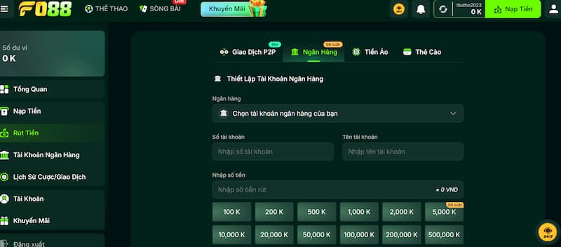 Rút thưởng FO88 qua ngân hàng